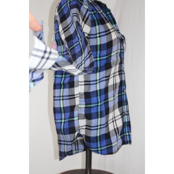 Upcycled Flannel Snow White Shirt Women's XS Button Up Plaid Bleached Distressed - Picture 7 of 10